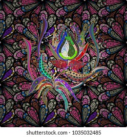 Colour Spring Theme seamless pattern Background. Vector illustration. Seamless floral pattern with flowers, watercolor. Flat Flower Elements Design. Flowers on black, neutral and pink colors.