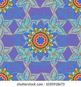 Colour Spring Theme seamless pattern Background. Flowers on violet, blue and beige colors. Flat Flower Elements Design Vector illustration. Floral seamless pattern background.