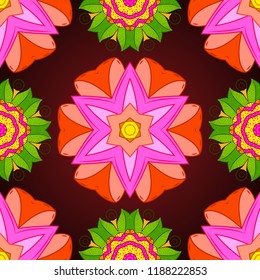 Colour Spring Theme seamless pattern Background. Vector Fashionable fabric pattern. Flat Flower Elements Design. Cute flowers pattern with brown, pink and orange colors.