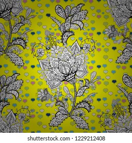 Colour Spring Theme seamless pattern Background. Vector illustration. Seamless floral pattern with flowers, watercolor. Flat Flower Elements Design. Flowers on white, yellow and black colors.