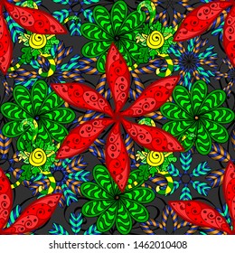 Colour Spring Theme seamless pattern Background. Seamless Floral Pattern in Vector illustration. Flat Flower Elements Design. Flowers on gray, red and green colors.