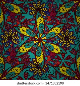 Colour Spring Theme seamless pattern Background. Flat Flower Elements Design. Flowers on blue, black and red colors. Seamless Floral Pattern in Vector illustration.