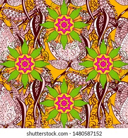 Colour Spring Theme seamless pattern Background. Floral fantasy design on a bright background seamless pattern. Flat Flower Elements Design.