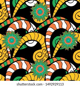 Colour Spring Theme seamless pattern Background. Cute flowers pattern with black, green and yellow colors. Vector Fashionable fabric pattern. Flat Flower Elements Design.