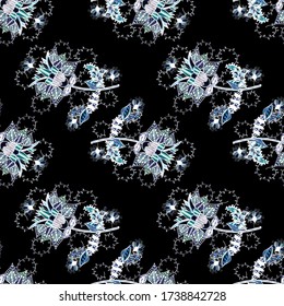 Colour Spring Theme seamless pattern Background. Flowers on black, white and blue colors. Flat Flower Elements Design. Floral seamless pattern background, summer flowers.