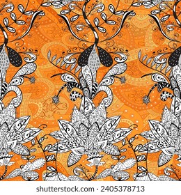 Colour Spring Theme seamless pattern Background. Cute flower vector pattern. Flowers on white, yellow and orange colors. Flat Flower Elements Design.