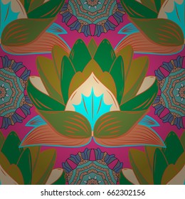 Colour Spring Theme seamless pattern Background. Seamless Floral Pattern in Vector illustration. Flat Flower Elements Design. Flowers on green, brown and blue colors.
