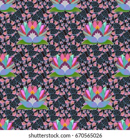 Colour Spring Theme seamless pattern Background. Beautiful fabric pattern. Vector illustration. In asian textile style. Flat Flower Elements Design. Seamless flowers pattern.