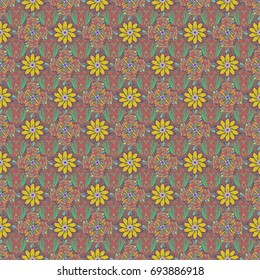 Colour Spring Theme seamless pattern Background. In asian textile style. Vector illustration. Flowers on colorful background. 
