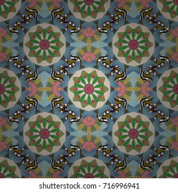 Colour Spring Theme seamless pattern Background. Flat Flower Elements Design. Seamless pattern with flower. Flowers on blue, green and neutral colors.