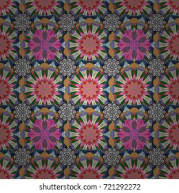 Colour Spring Theme seamless pattern Background. Flat Flower Elements Design. Cute flower vector pattern. Flowers on green, orange and violet colors.