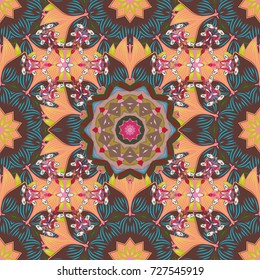 Colour Spring Theme seamless pattern Background. Cute flower vector pattern. Flowers on brown, pink and yellow colors. Flat Flower Elements Design.