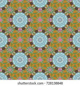 Colour Spring Theme seamless pattern Background. Flowers on blue, orange and yellow colors. Flat Flower Elements Design. Seamless Floral Pattern in Vector illustration.