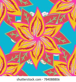 Colour Spring Theme seamless pattern Background. Elegant Flowers Bouquet Watercolor on a yellow, magenta and blue colors. Vector illustration. Flat Flower Elements Design.