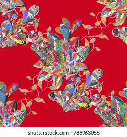 Colour Spring Theme seamless pattern Background. Vector illustration. Seamless floral pattern with flowers, watercolor. Flat Flower Elements Design. Flowers on red, neutral and gray colors.