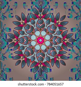 Colour Summer Theme seamless pattern Background. Flowers on neutral, blue and red colors. Flat Flower Elements Design. Seamless retro pattern with flowers.