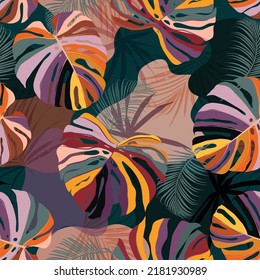 Colour Tropical monstera and palm leaves seamless pattern colourful modern collage vector illustration, Design for fashion , fabric, textile, wallpaper, cover, web , wrapping and all prints 
