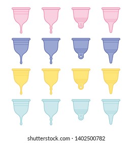Colour vector doodle illustration with menstrual cup set with. Eco-friendly, washable menstrual cup. Zero waste supplies for personal hygiene. Sustainable lifestyle. Plastic-free concept. Reusable san