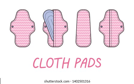 Colour vector doodle illustration with reusable cloth menstrual pads. Zero waste supplies for personal hygiene. Sustainable lifestyle. Plastic-free concept. How to use menstrual pads