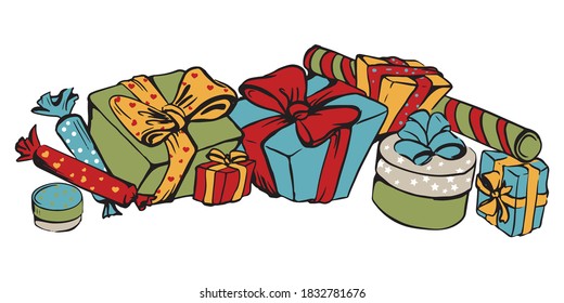 colour vector drawing of gifts in holiday wrapper with ribbon