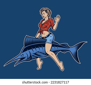 Colour vector fishing illustration of pin up girl sitting on the fish