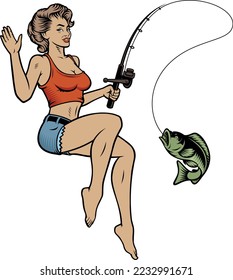 Colour vector fishing trip illustration with a pin up girl with fishing rod