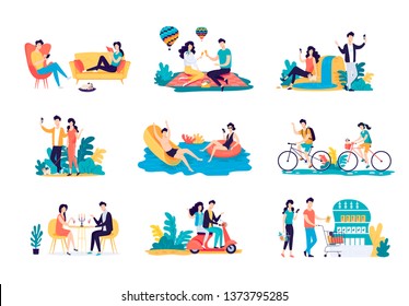 Colour vector flat set illustration of romantic couple summer holiday fun 