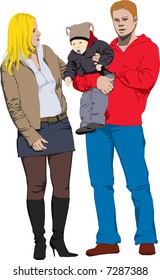 Colour vector illustration of new happy family. Father holding his child and talking with his beautiful wife