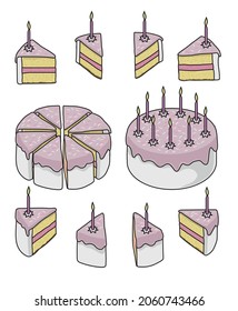 Colour vector illustration. Whole cake and cake divided into 8 pieces with candles.