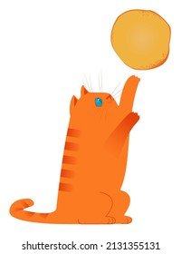 Colour vector illustration.A red-haired cat is trying to get a pancake.Two objects