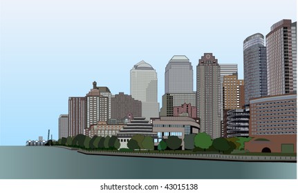 The colour vector image of a part of a city on an ocean coast.
