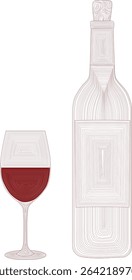 colour vector line illustration of red wine bottle and glass, simple hand drawn lines red and white vector pattern	