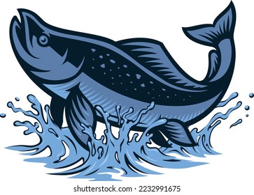 Colour vector logo with salmon fish jumping out of the water 
