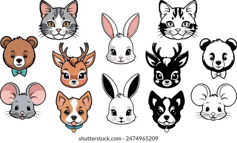 Colour vector set of cute animals avatars