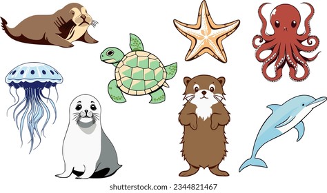 Colour vector set of ocean animals