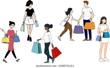 Colour vector set of shopping people