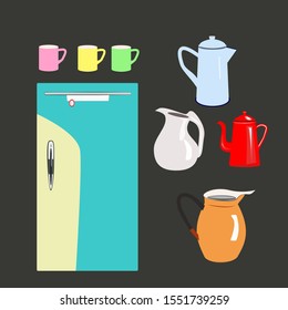 The colour vintage kitchenwares on dark gray background.