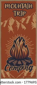 Colour vintage poster on the theme camping with bonfire. Vector