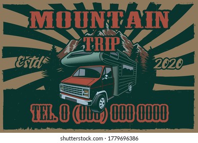 Afiche de color vintage sobre el tema acampar con VAN en fondo de grano