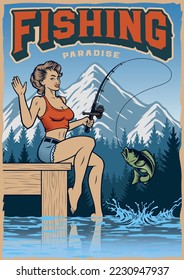 Colour vintage poster with a pin up girl on a fishing trip