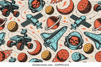 Colour vintage space seamless background with design elements such as asteroid, space rover, skull astronaut, planets, shuttle