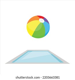 Coloured beach ball in swimming pool vector. Outdoor swiminig pool.