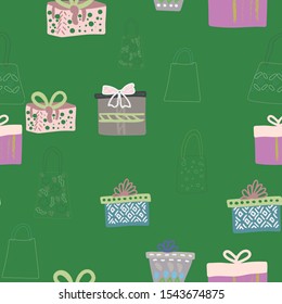 Coloured boxes with ribbon and gift  bags silhouette on green background. Web, wrapping paper, background fill. 