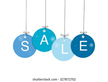 Coloured circle hanging sale marks isolated on white background for winter campaign