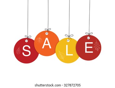 Coloured circle hanging sale marks isolated on white background for autumn campaign.