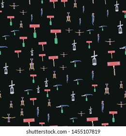 Coloured corkscrews on black background seamless pattern. Vector.