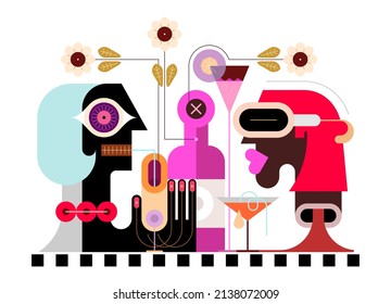 Coloured Design Isolated On A White Background Romantic Dinner Vector Illustration. Two People Sitting Opposite Each Other At A Romantic Date And Drink Cocktails. 