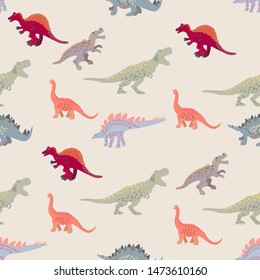 Coloured dinosaurs seamless pattern on light beige background. Vector Illustration