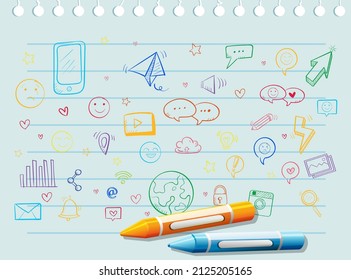 Objetos de doodles coloreados en papel con ilustración de crayones