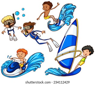 Coloured drawing of the kids enjoying the different watersports on a white background 